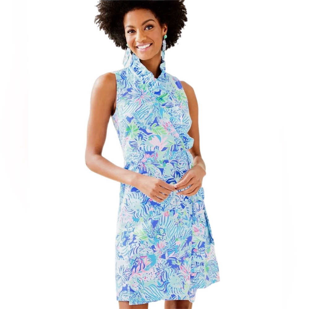 LILLY PULITZER COASTAL BLUE LION AROUND WRAP DRESS WITH RUFFLE - Picture 2 of 12